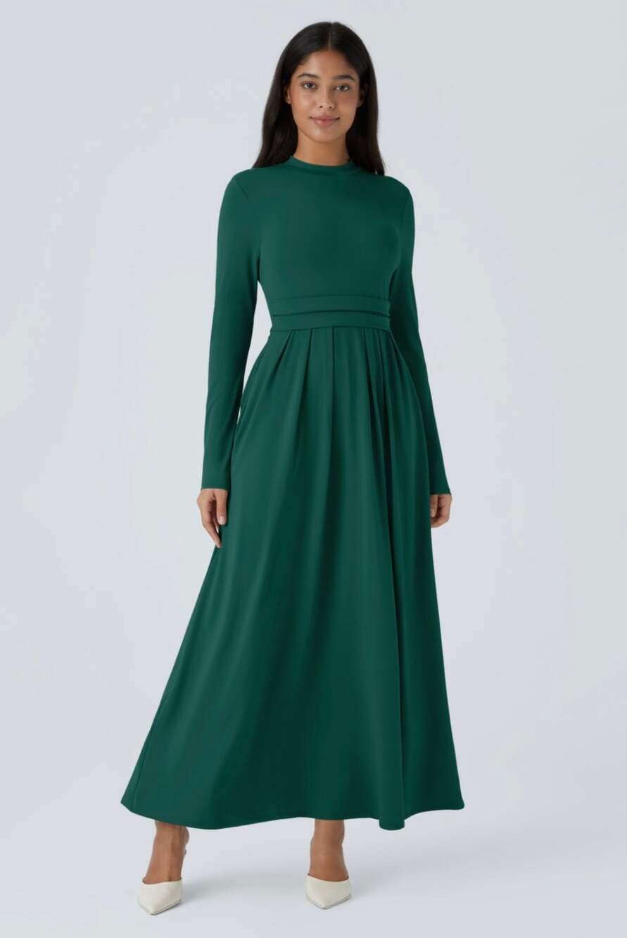 Halara Mock Neck Long Sleeve Flare Maxi Dress Women's XL Rain Forest Green